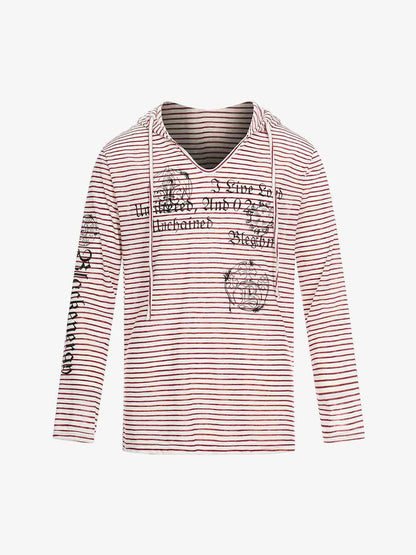 Graphic Print and V-Neck Striped Long Sleeve Hooded T-Shirt