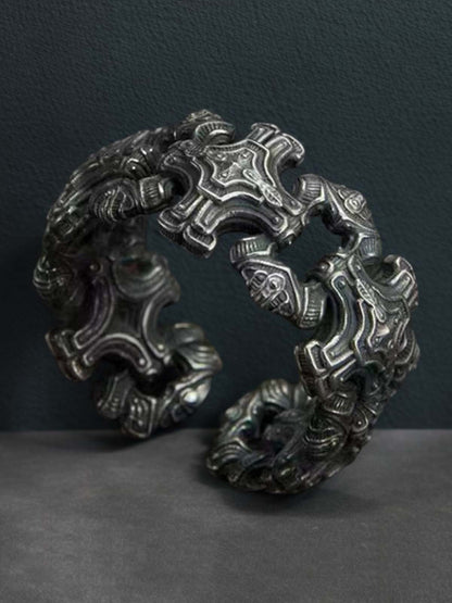 Sterling Silver Dragon Head Design Men's Bracelet - Vintage Style Jewelry with Intricate Carving and Mythical Beast Motif 