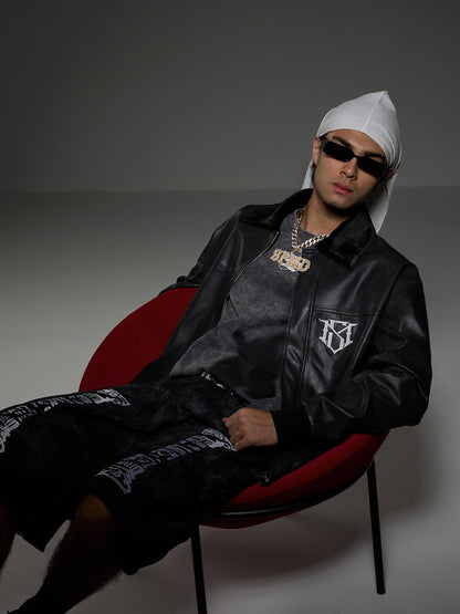 SUPM Leather Jacket with a Fur Collar and Bullet Hole Monogram Print and Rhinestone Pattern 