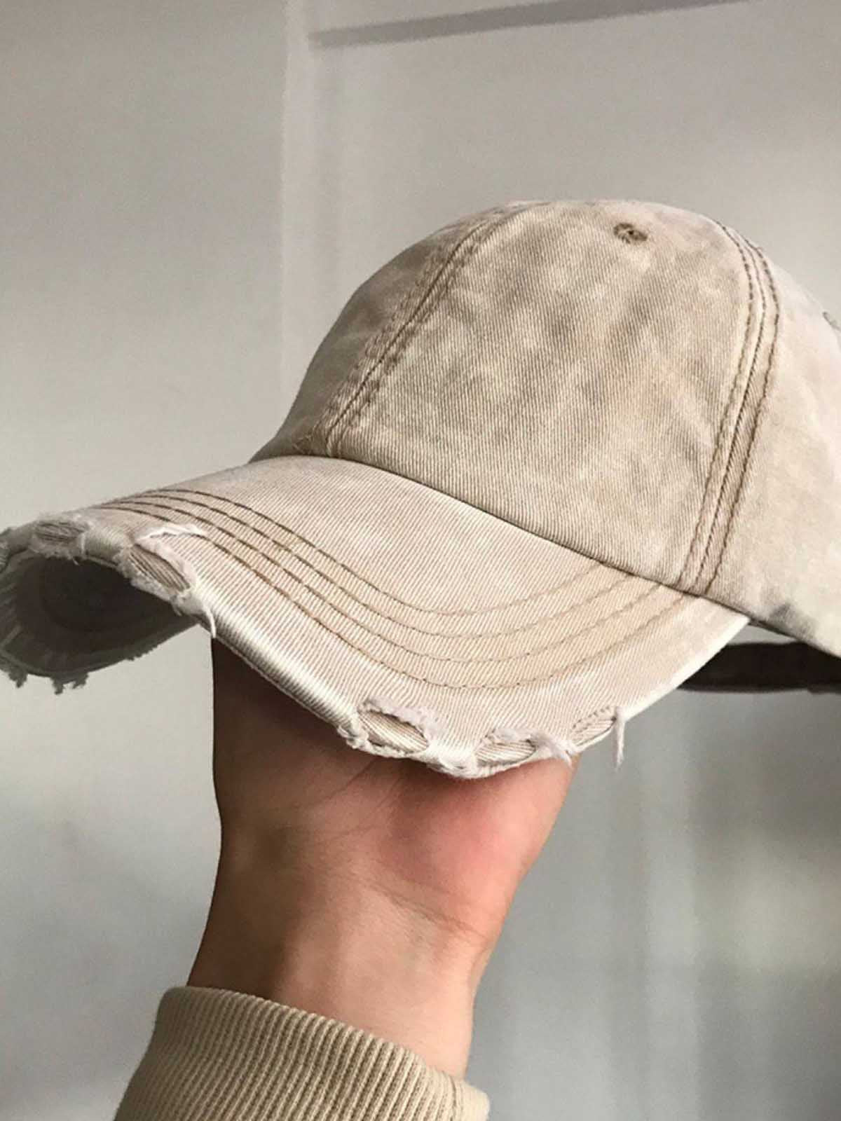 Distressed Cotton Baseball Cap with Frayed Brim and Vintage Wash Finish?