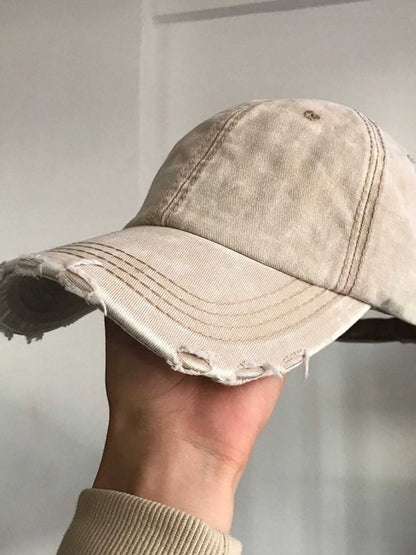 Distressed Cotton Baseball Cap with Frayed Brim and Vintage Wash Finish?