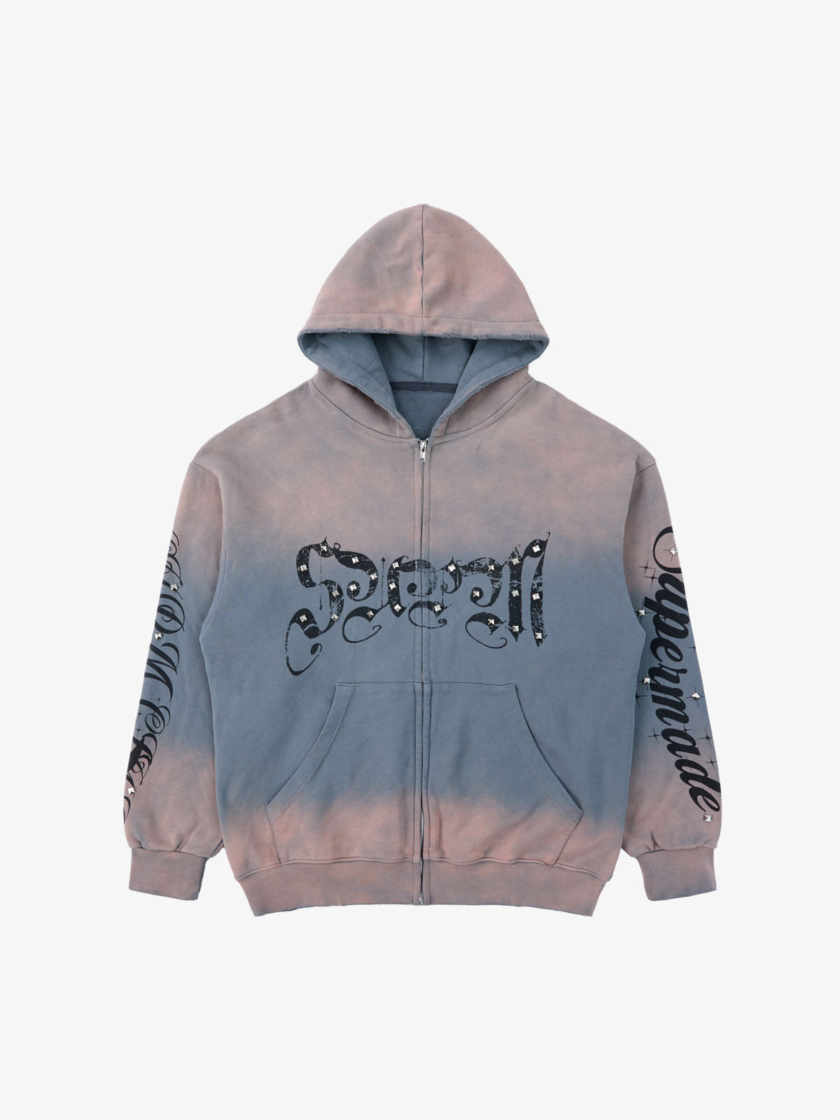 Supermade Vintage Distressed Studded Gothic Font Zipper Sweatshirt?