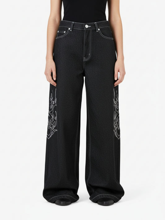 Denim Embroidered Flame Baggy Jeans - 2456