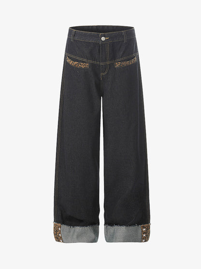 Cotton Denim Wide Leg Jeans with Leopard Print Trim High-Waisted Relaxed Fit Pants for Men and Women 