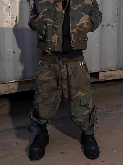 Three-Waist Splicing Camouflage Cargo Buckle Waist Design Overalls 