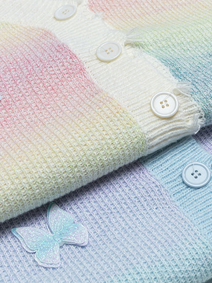 Vintage Gradient Butterfly Distressed Cardigan Sweater 
