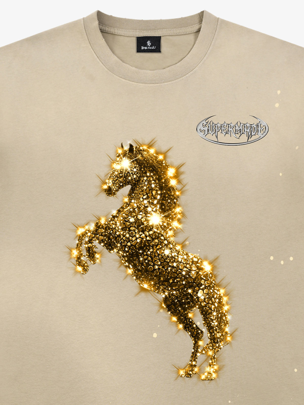 Unisex Washed Ink Blending Dual Color Cotton Horse Year Embroidered Diamond Horse Element Pattern Short-Sleeve T-Shirt?