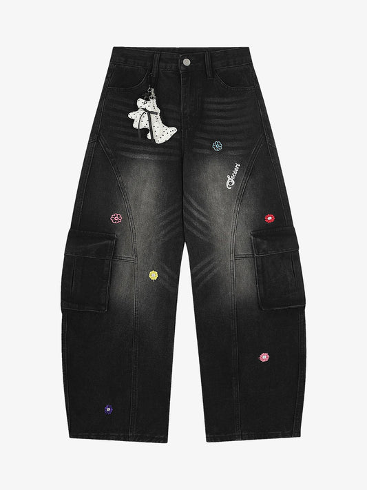 Stylish Embroidered Cargo Jeans with Unique Charm Accessory 