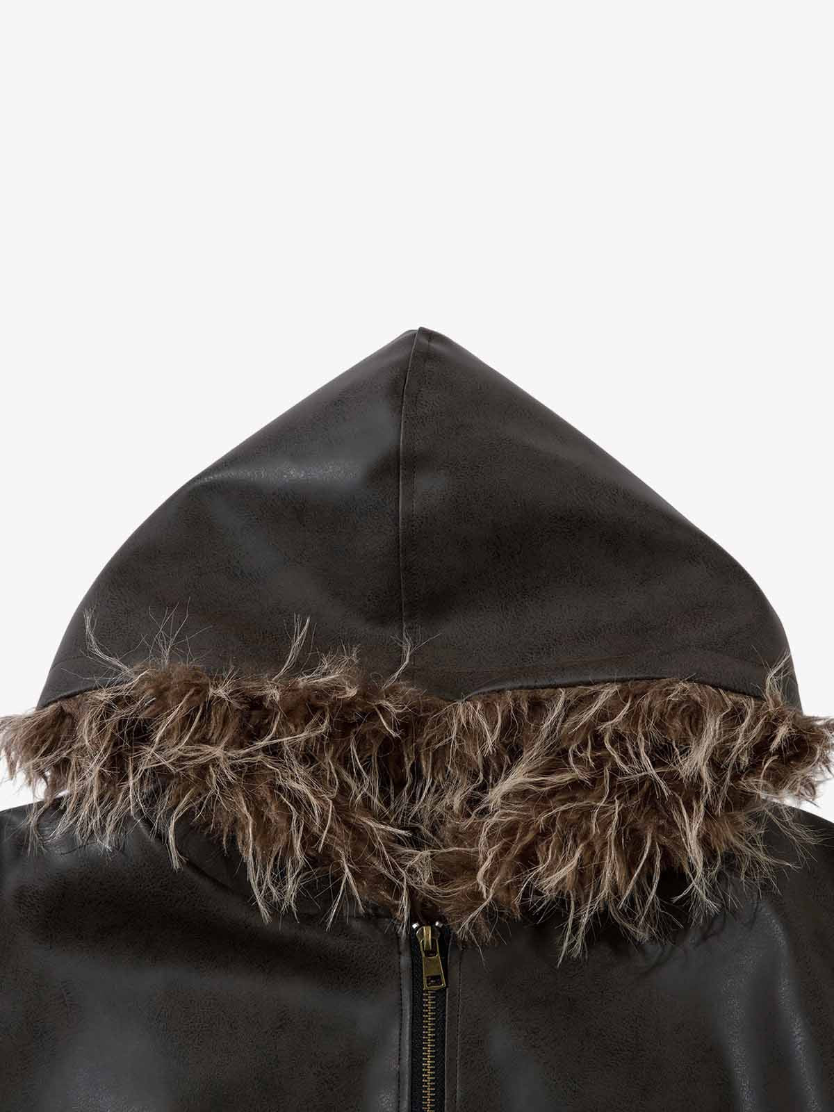 Vintage Faux Fur Hood Lined PU Zip Up Bomber Jacket 