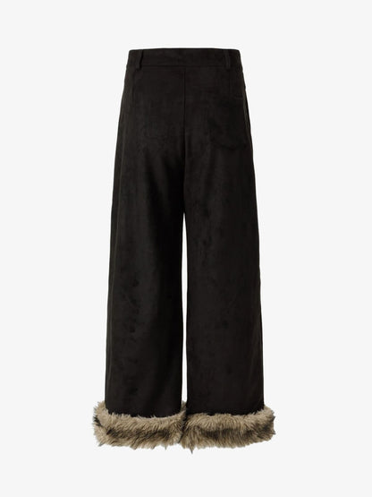 Retro Faux Fur Hem Wide-Leg Pants 