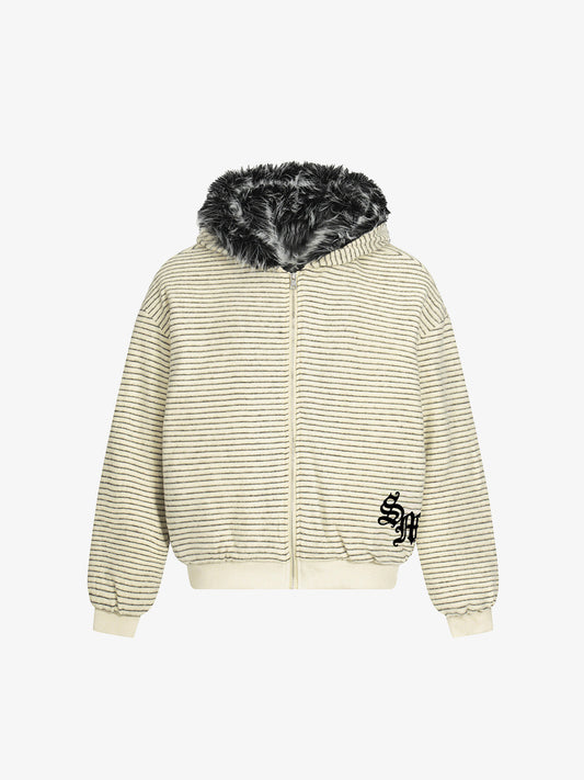 Striped Hooded Jacket with Faux Fur Trim for Winter and Fall 