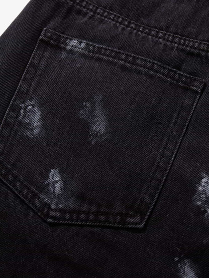 Retro Rhinestone Graffiti Washed Straight Jeans 