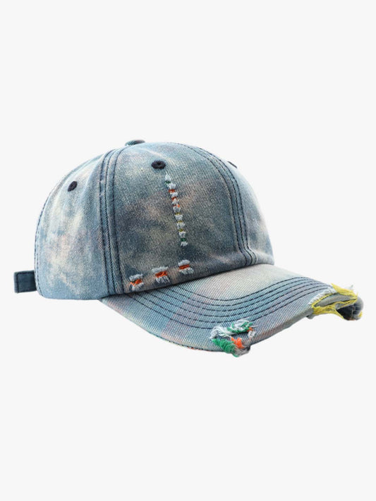 Denim Baseball Cap with Distressed Design and Colorful Stitching for Casual Wear?