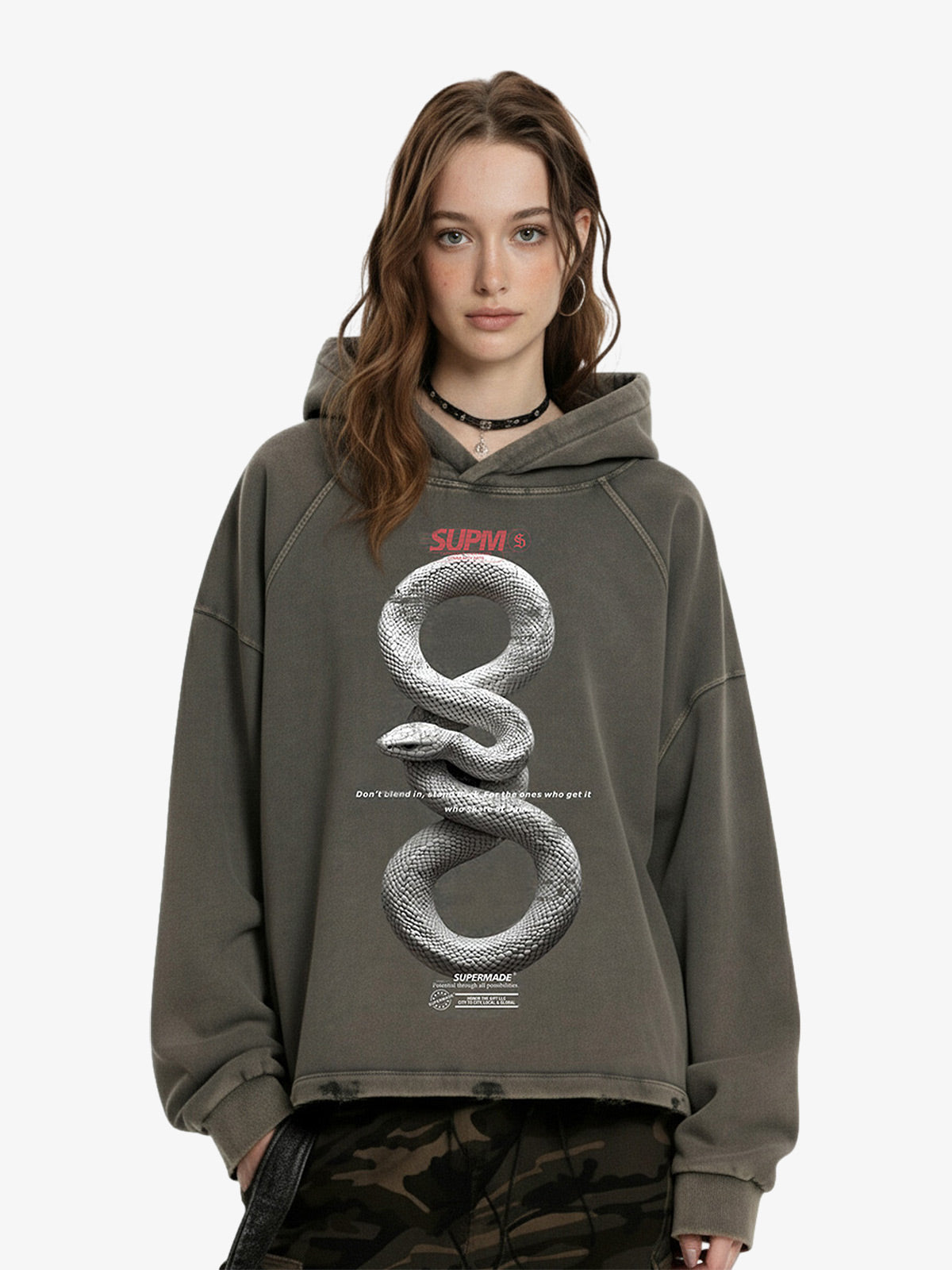 Oversized Snake Graphic Hoodie with Bold Print Design 