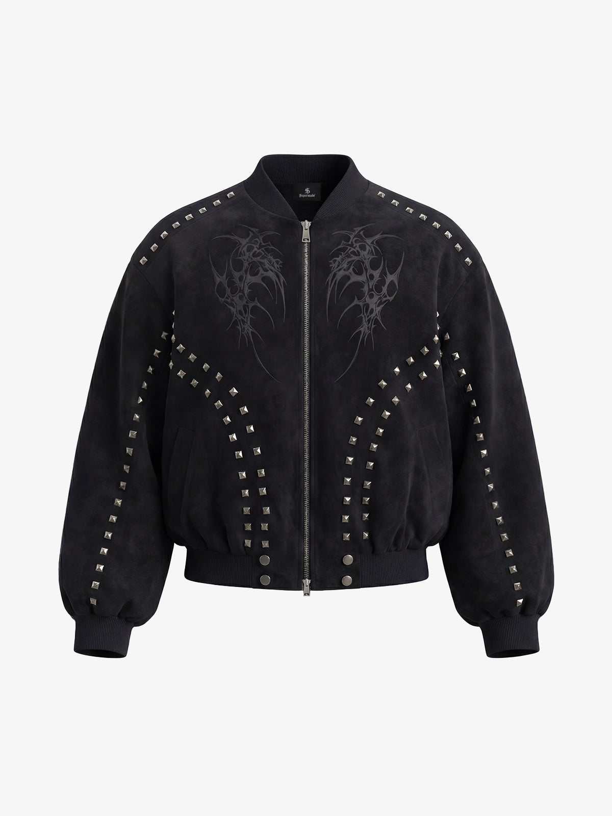 Suede Punk-Style Double-sided zipper Bomber Jacket with Studs Embroidery and Printing Techniques?