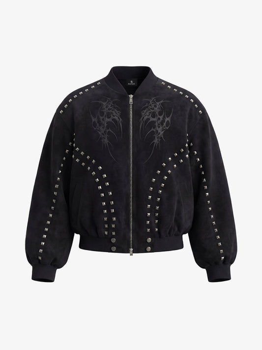 Suede Punk-Style Double-sided zipper Bomber Jacket with Studs Embroidery and Printing Techniques?