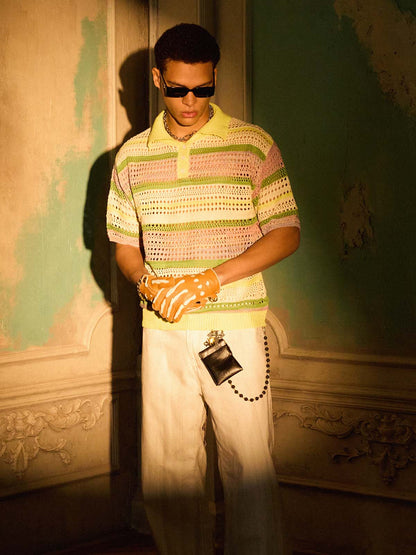 Knitted Striped Polo Shirt for Kids with Colorful Horizontal Patterns and Breathable Design 