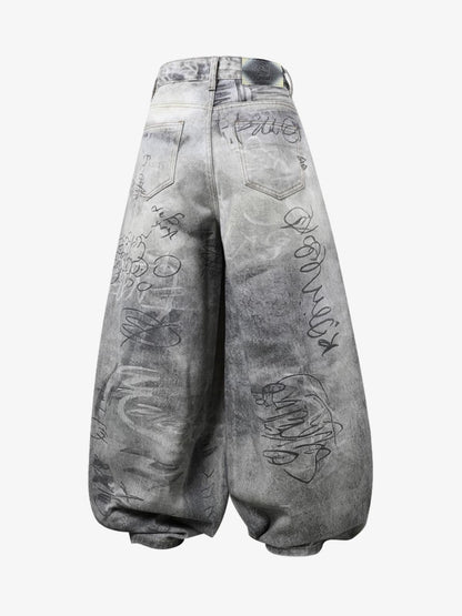 Denim Wide Leg Pants with Graffiti Print High Waist Baggy Style Streetwear Jeans for Men and Women 