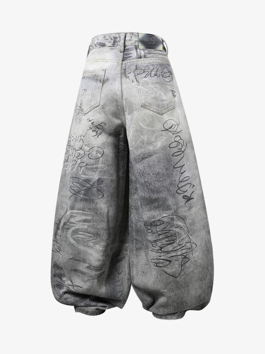 Denim Wide Leg Pants with Graffiti Print High Waist Baggy Style Streetwear Jeans for Men and Women 