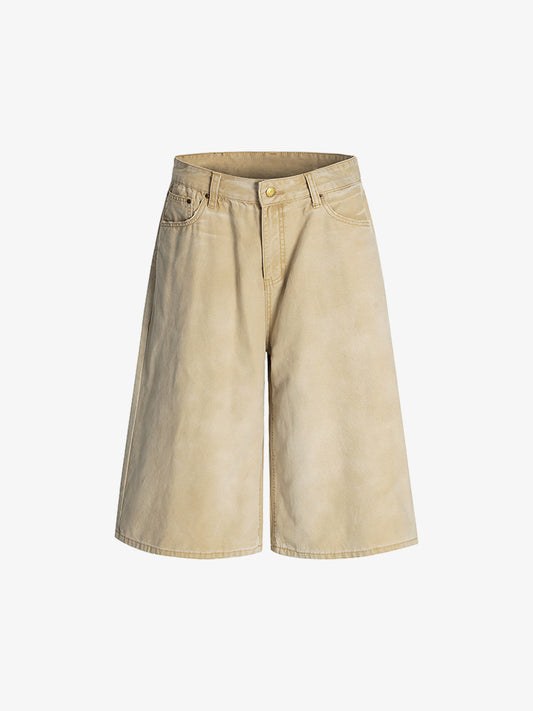 Vintage Washed Distressed Semi-elastic Solid Color Denim Shorts 