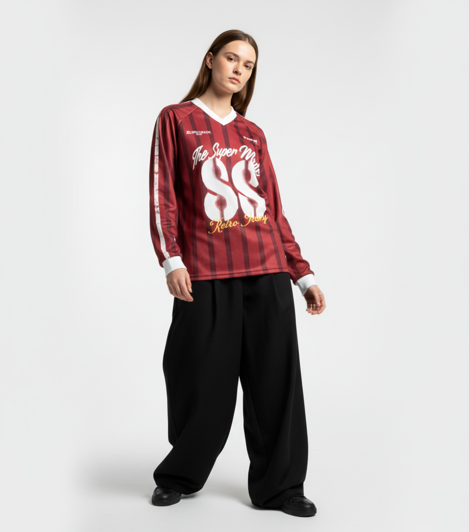 Retro Striped 88 Print Graphic Jersey Long-Sleeved T-Shirt