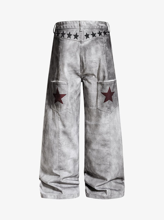 Cotton Wide Leg Pants with Graphic Print and Star Trim - Oversized Streetwear Trousers for Men?