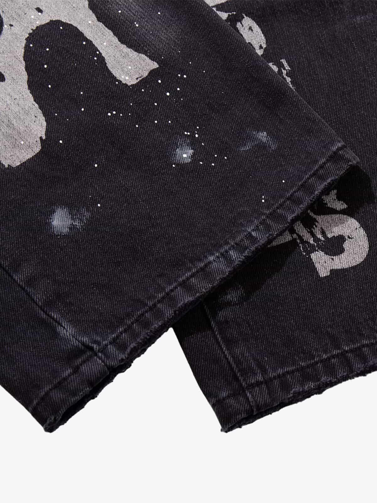 Retro Rhinestone Graffiti Washed Straight Jeans 