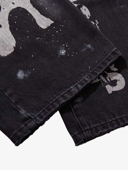 Retro Rhinestone Graffiti Washed Straight Jeans 
