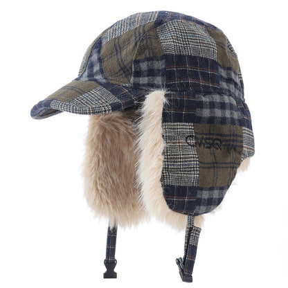 Winter Plaid Earflap Hat with Faux Fur Trim - Perfect for Cold Weather Protection 