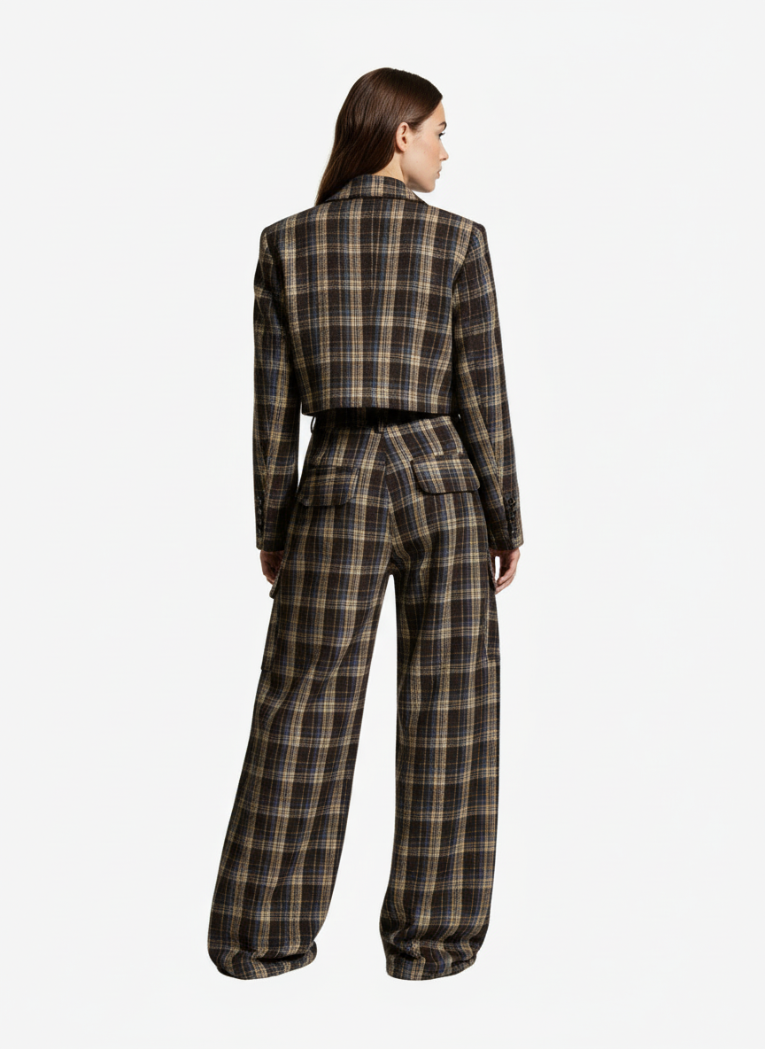 Vintage Plaid Pleated Multi-Pocket Cargo Casual Pants