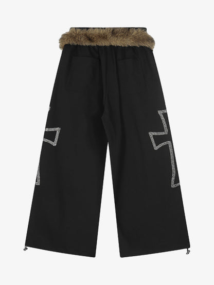 Stylish Wide-Leg Trousers with Faux Fur Trim and Geometric Embellishments for Winter 