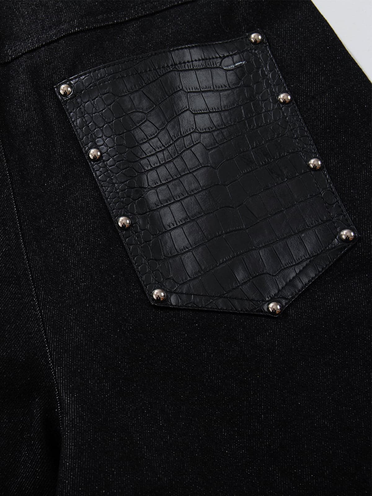 Black Denim Wide-Leg Cropped Pants with Leather Panels and Stud Details?