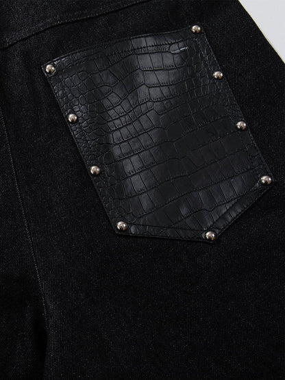 Black Denim Wide-Leg Cropped Pants with Leather Panels and Stud Details?