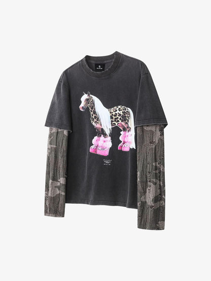 Cotton Blend Oversized Graphic Tee with Leopard Horse Print and Camo Layered Sleeves?