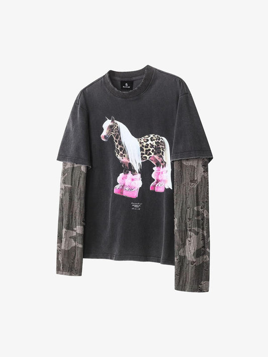 Cotton Blend Oversized Graphic Tee with Leopard Horse Print and Camo Layered Sleeves?