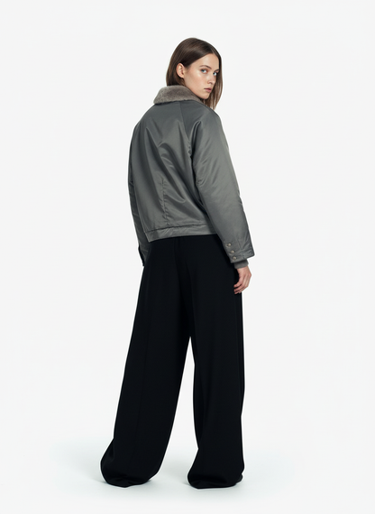 Deconstructed Patchwork Fur Collar Bomber Jacket