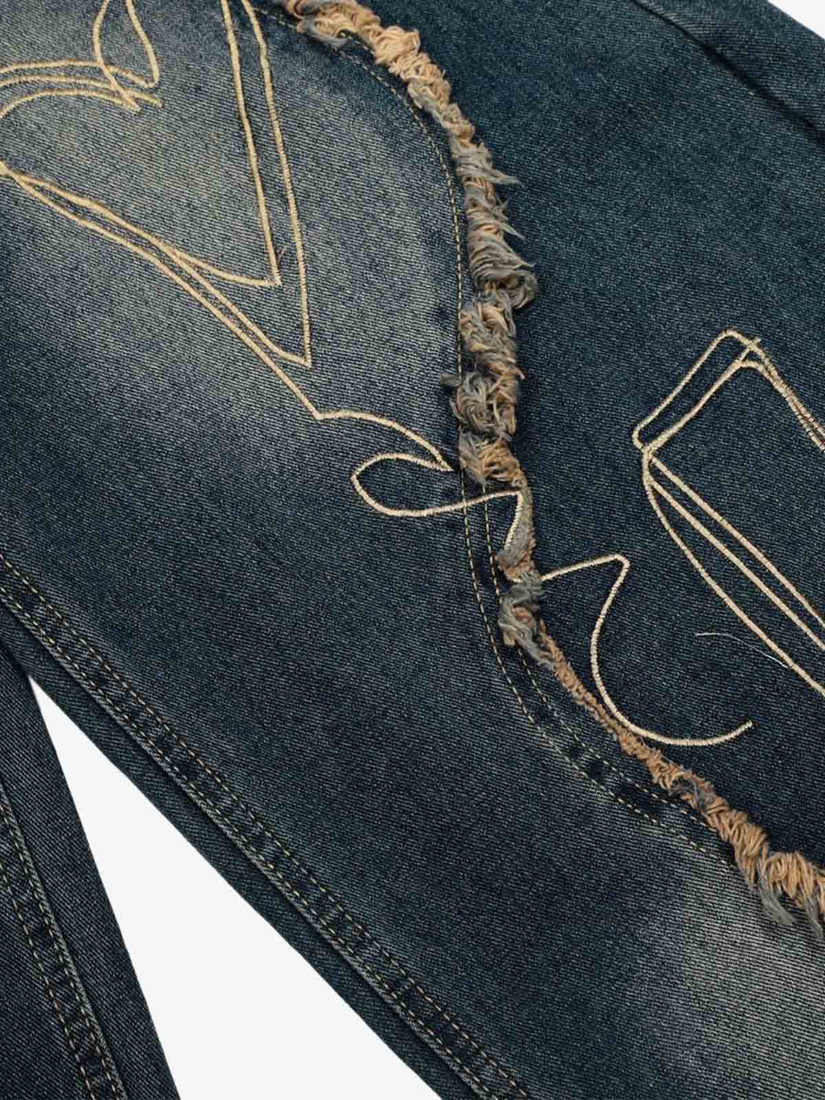 Distressed Denim Jeans with Embroidered Celestial Motifs for Women 