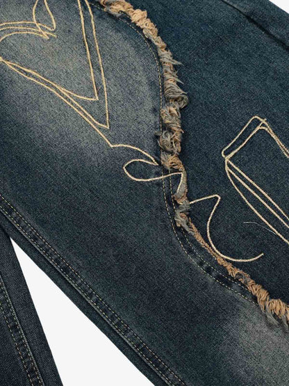 Distressed Denim Jeans with Embroidered Celestial Motifs for Women 