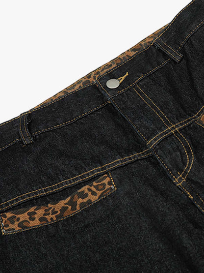 Cotton Denim Wide Leg Jeans with Leopard Print Trim High-Waisted Relaxed Fit Pants for Men and Women 