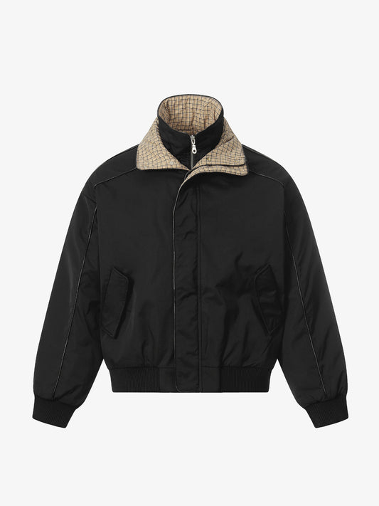 Stylish Black Bomber Jacket with Plaid Collar for Men - Perfect for Casual and Outdoor Wear 