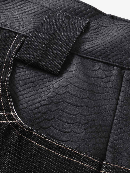 Denim Wide-Leg Pants with Flame Stitch Design High-Waisted Relaxed Fit 