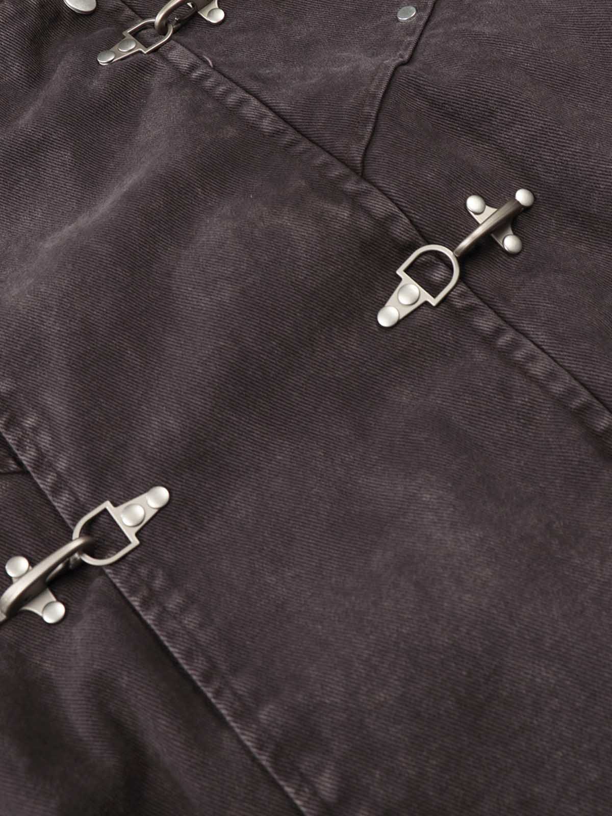 Washed Cotton Hooded Duffle Jacket with Metal Snap Buttons and Ribbed Hem 