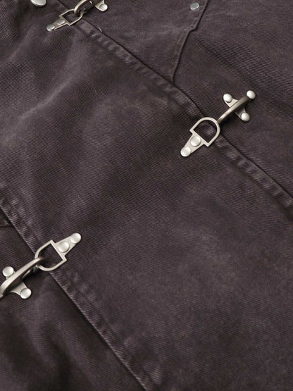 Washed Cotton Hooded Duffle Jacket with Metal Snap Buttons and Ribbed Hem 