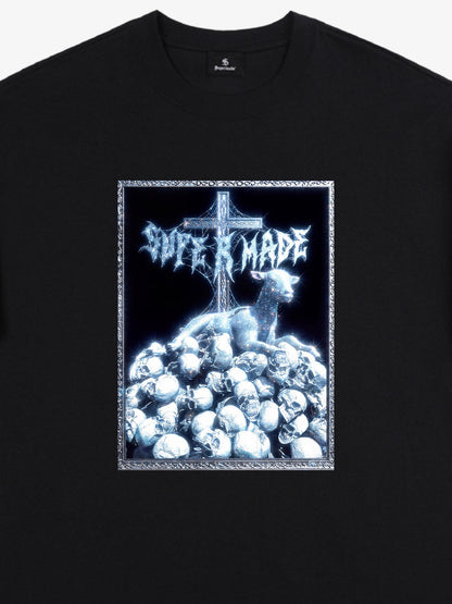 The Supermade-Cotton Black And White"The Silence Of The Lambs" T-Shirt With Gothic Cross And Skulls Graphic Print - Dark 