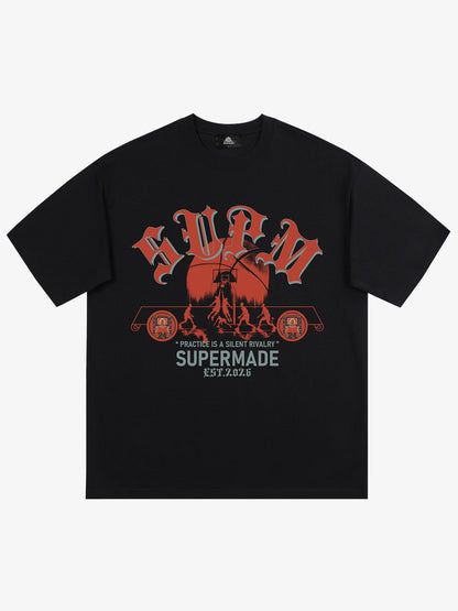 thesupermade-Cotton Basketball Graphic T-Shirt with "Practice Is A Silent Rivalry" Print and Oversized Fit 