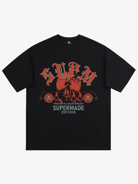 thesupermade-Cotton Basketball Graphic T-Shirt with "Practice Is A Silent Rivalry" Print and Oversized Fit 