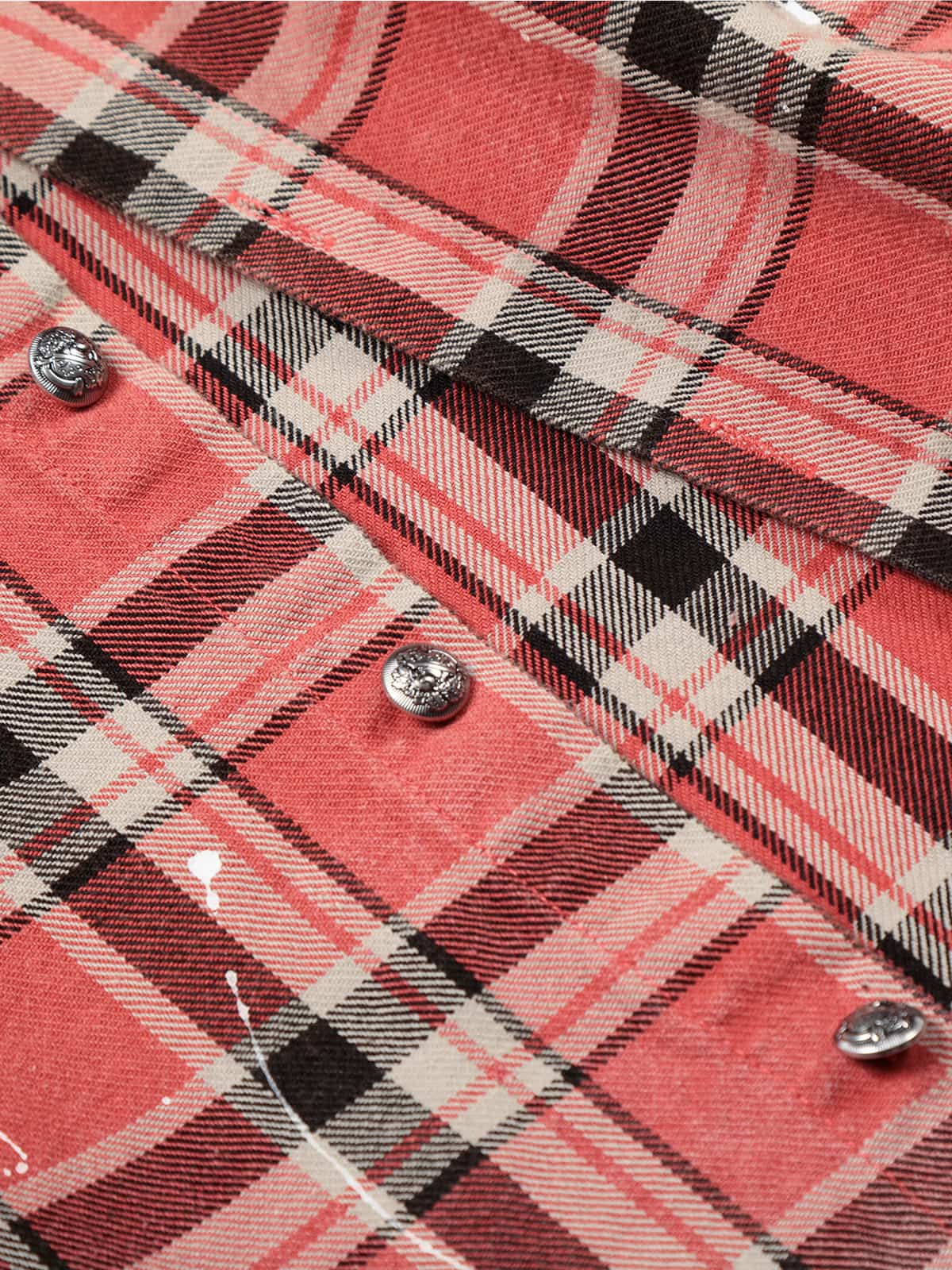 Cotton Plaid Shirt with Paint Splatter Design, Distressed Hem and Pockets, Casual Men's Long Sleeve Button-Up Jacket 