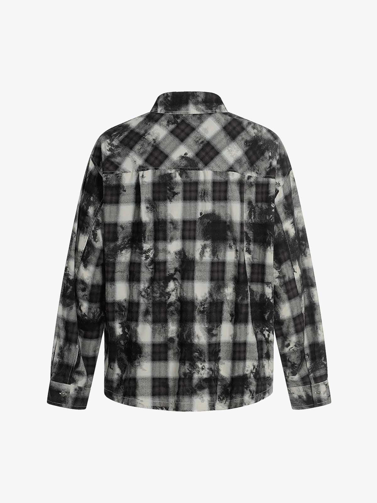 Street Lapel Tie-Dye Plaid Long Sleeve Shirt 
