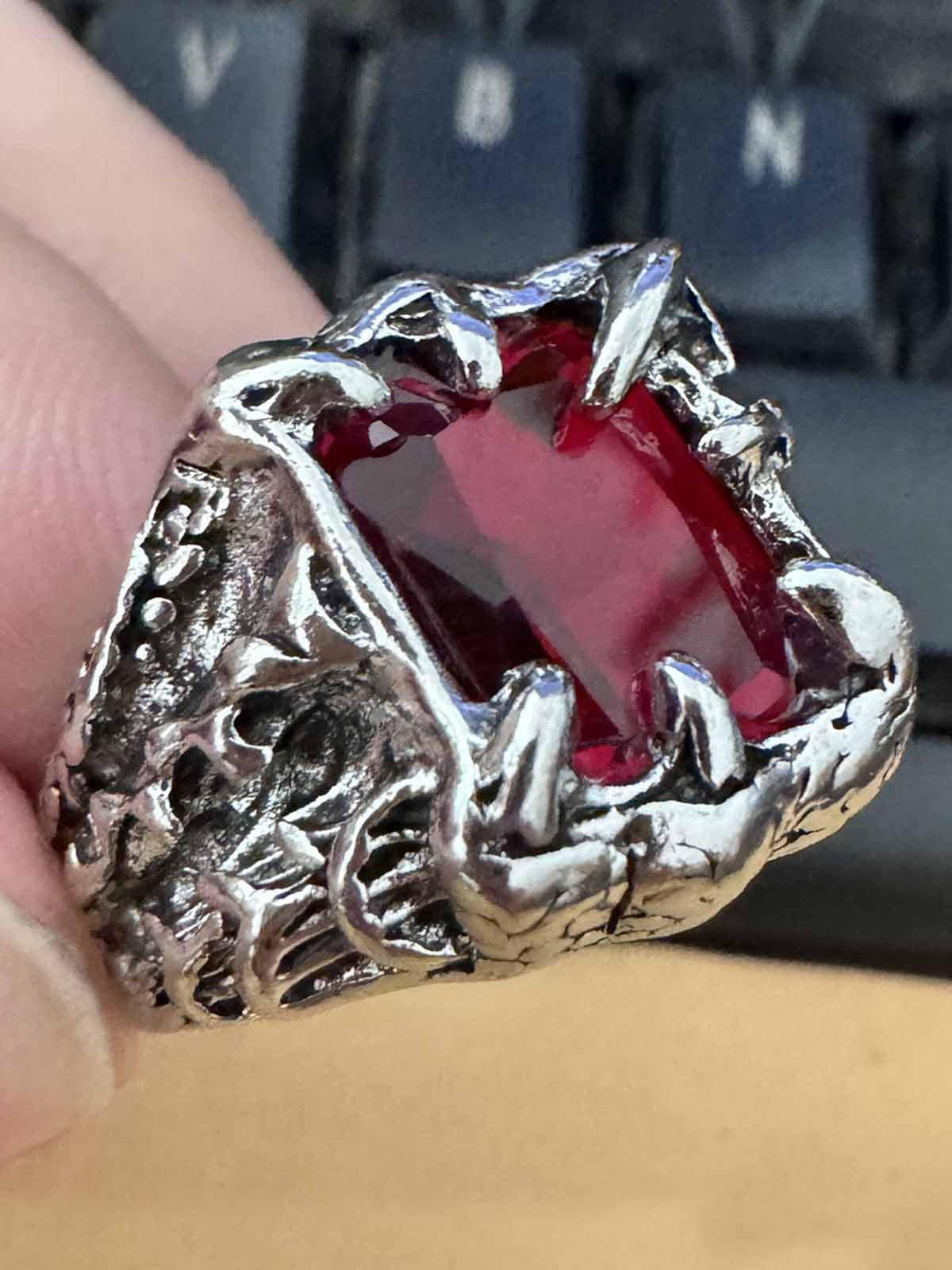 Sterling Silver Dragon Claw Ring with Red and Blue Gemstone, Gothic Statement Jewelry for Men and Women 