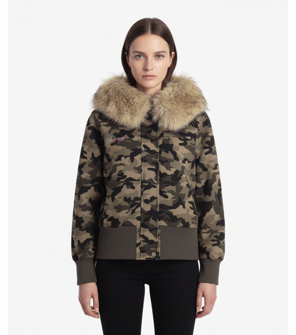 Camouflage Embroidery Patchwork Cardigan Fur Collar Hooded Sweatshirt